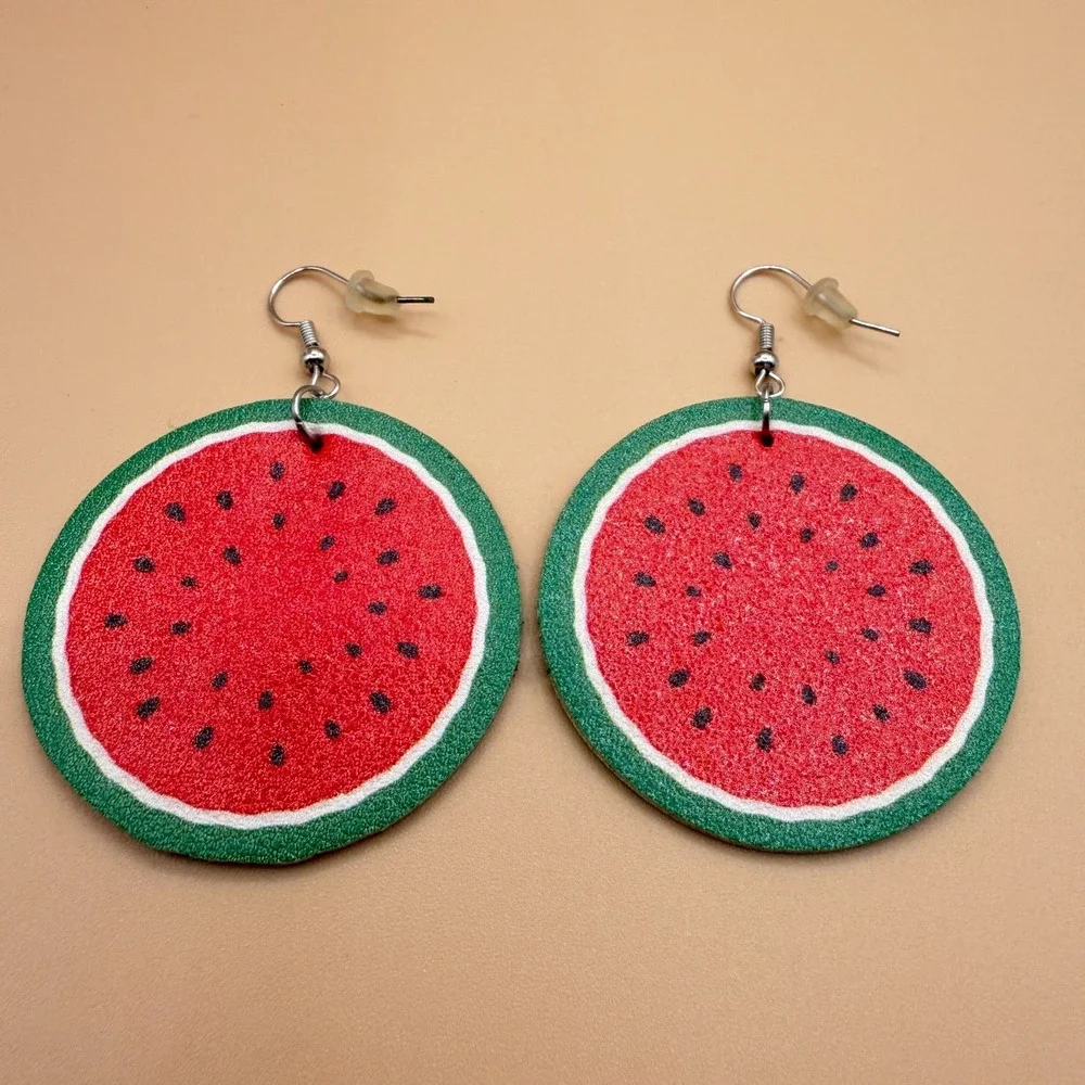 Watermelon Wood Dangle Earrings Red Green Fruit Summer Statement Novelty Gift